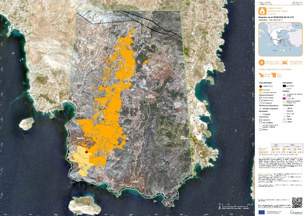 Τι κάηκε από τη φωτιά στην Κερατέα – Η ανάλυση της Υπηρεσίας Copernicus για την πληγείσα έκταση