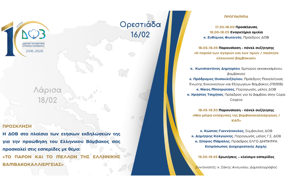 Tο μέλλον της ελληνικής βαμβακοκαλλιέργειας στο επίκεντρο εσπερίδων της ΔΟΒ