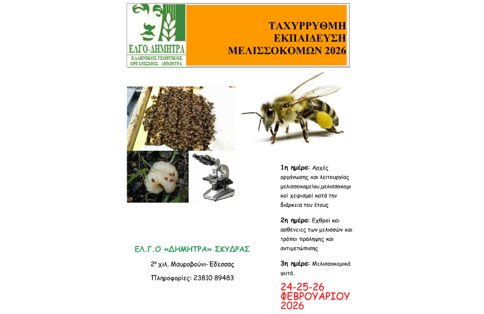 Ταχύρρυθμη εκπαίδευση μελισσοκόμων στον ΕΛΓΟ-ΔΗΜΗΤΡΑ Σκύδρας 24-26 Φεβρουαρίου