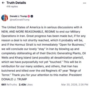 Αυστηρή προειδοποίηση Τραμπ προς το Ιράν: Αν δεν υπάρξει συμφωνία, θα ανατινάξουμε τους σταθμούς ηλεκτρικής ενέργειας, τις πετρελαιοπηγές τους και το νησί Χαργκ