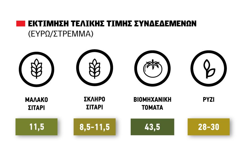 Σίγουρα η συνδεδεμένη 11,5 ευρώ στο κριθάρι, παίζεται για σκληρό, κοντά στα 50 ευρώ η ντομάτα, 30 το ρύζι