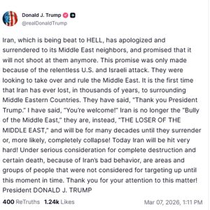 Νέες απειλές Τραμπ κατά του Ιράν: «Δεν είναι πια ο “νταής της Μέσης Ανατολής”, είναι ο “ηττημένος” – Σήμερα θα χτυπηθεί πολύ σκληρά!»