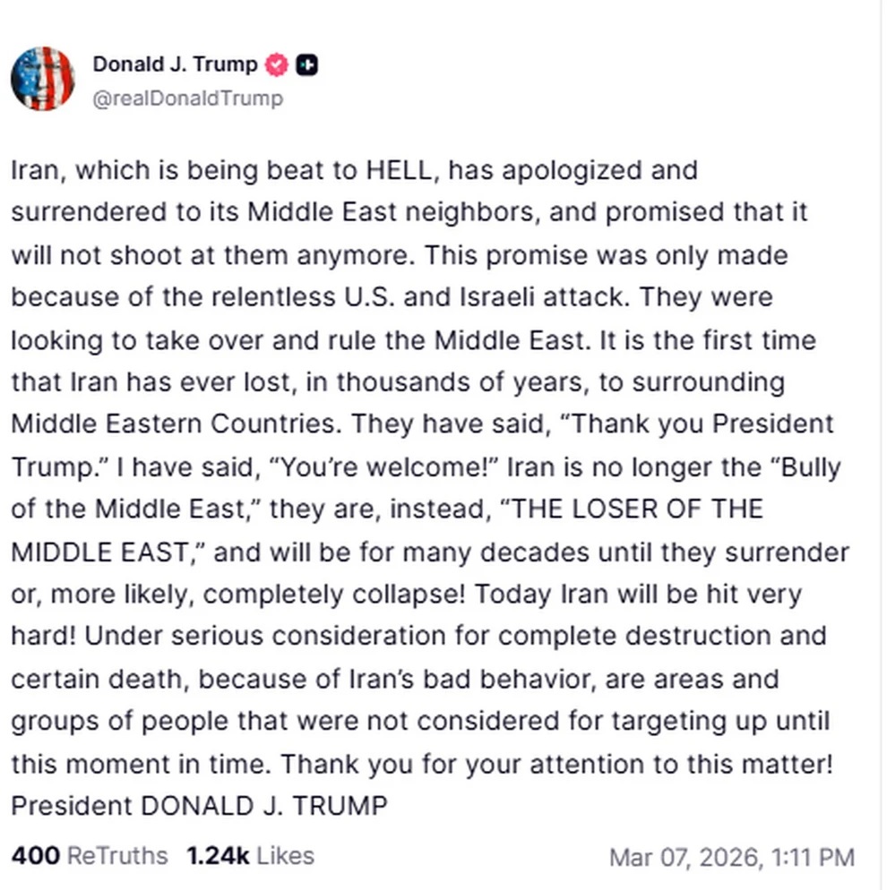 Νέες απειλές Τραμπ κατά του Ιράν: «Δεν είναι πια ο “νταής της Μέσης Ανατολής”, είναι ο “ηττημένος” – Σήμερα θα χτυπηθεί πολύ σκληρά!»