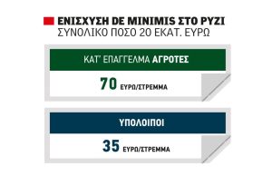 Με 70 ευρώ το στρέμμα στα 20 εκατ. ευρώ η ενίσχυση από de minimis στο ρύζι